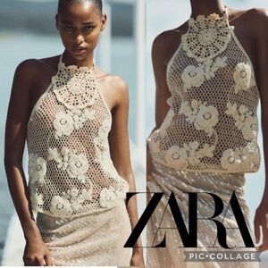 Zara Boho Ecru Floral Cotton Crochet Halter Strappy Top Size S